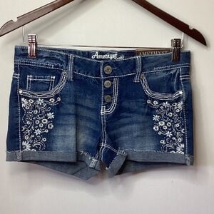 Amethyst Jeans Low Rise Denim Shorts Embroidered Floral Accent Size 1 Cute